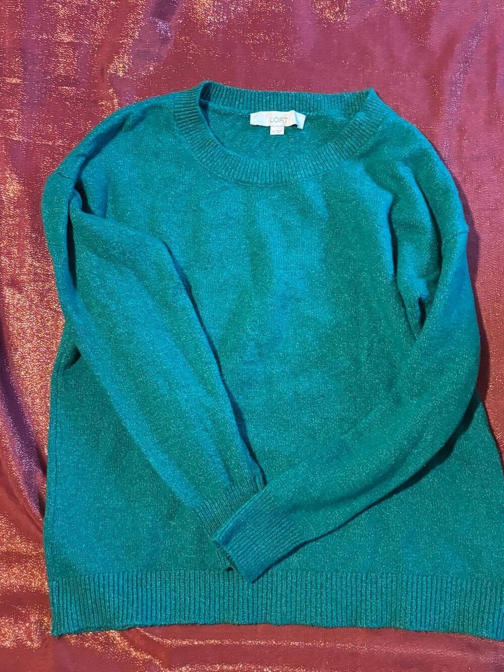 LOFT Sweater Womens XS Teal Crewneck Long Sleeve Knit Pullover Marled Boxy